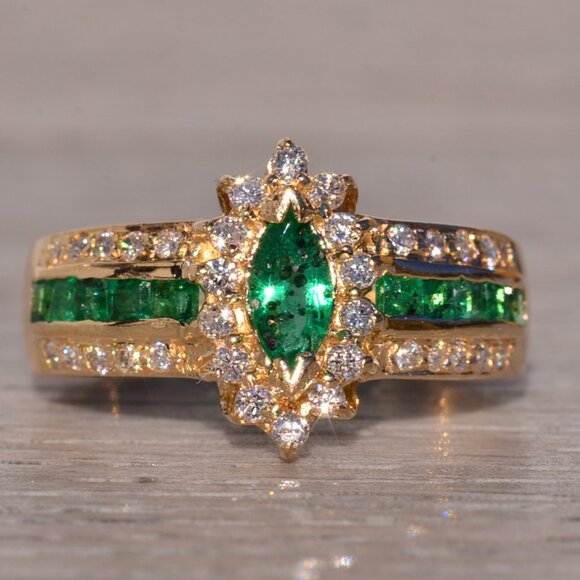 Emerald Navette and Natural Diamond Ring in Yellow Gold
